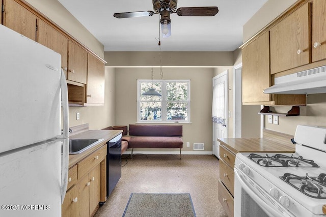 123 Susan Dr, Jackson, NJ 08527 - kitchen featuring white appliances, under cabinet range hood, ceiling fan, light countertops, and light floors