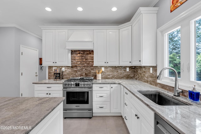 3 Algonquin Ct, Freehold, NJ 07728 - kitchen featuring appliances with stainless steel finishes, custom range hood, white cabinetry, crown molding, and recessed lighting