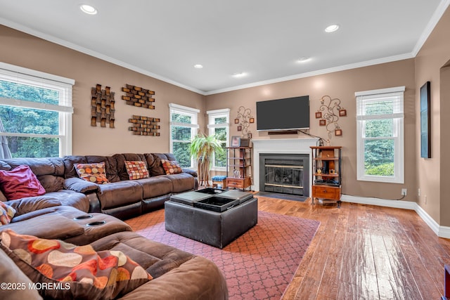 3 Algonquin Ct, Freehold, NJ 07728 - living area featuring wood-type flooring, plenty of natural light, a fireplace with flush hearth, ornamental molding, and recessed lighting