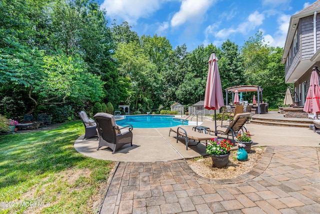 3 Algonquin Ct, Freehold, NJ 07728 - swimming pool with a patio area, a yard, view of scattered trees, and a pergola