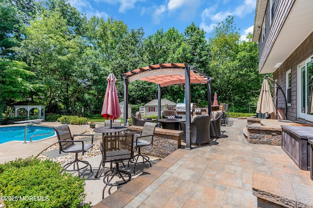 3 Algonquin Ct, Freehold, NJ 07728 - view of patio / terrace with a gazebo, a pergola, an outdoor pool, a grill, and outdoor dining area