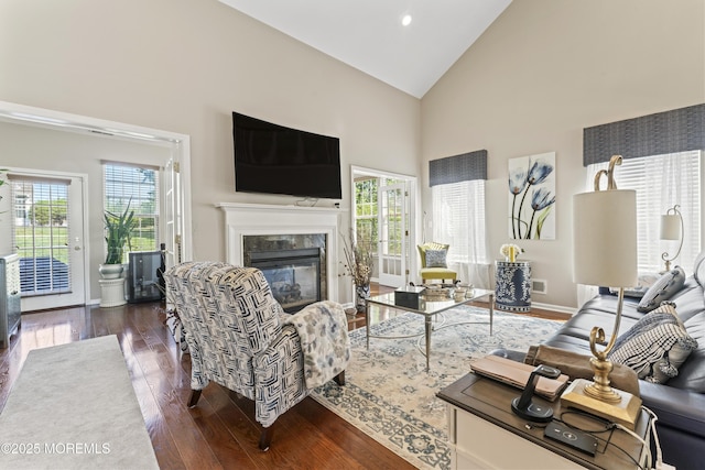 78 Honeysuckle Dr, Manahawkin, NJ 08050 - living room featuring high vaulted ceiling, hardwood / wood-style floors, a fireplace, and recessed lighting