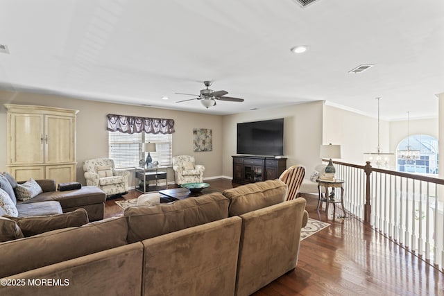 78 Honeysuckle Dr, Manahawkin, NJ 08050 - living room with healthy amount of natural light, a chandelier, ceiling fan, dark wood-type flooring, and recessed lighting