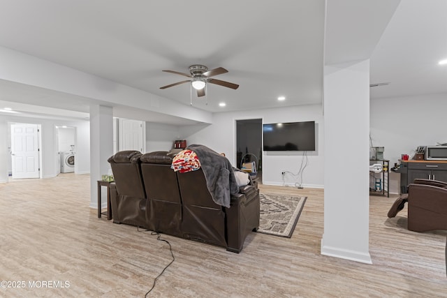 78 Honeysuckle Dr, Manahawkin, NJ 08050 - living room with washer / clothes dryer, a ceiling fan, recessed lighting, and wood finished floors