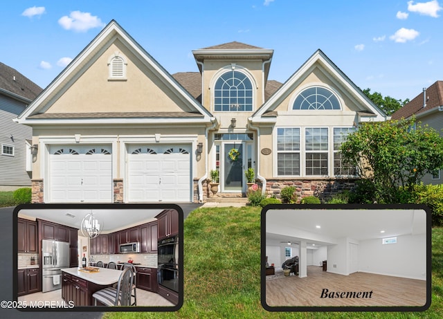 78 Honeysuckle Dr, Manahawkin, NJ 08050 - traditional home with stucco siding, stone siding, a front lawn, and a garage