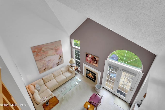 186 Snow Drop Pl, Freehold, NJ 07728 - carpeted living area featuring high vaulted ceiling, a glass covered fireplace, and a textured ceiling