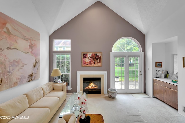 186 Snow Drop Pl, Freehold, NJ 07728 - living room featuring light colored carpet, a glass covered fireplace, and high vaulted ceiling