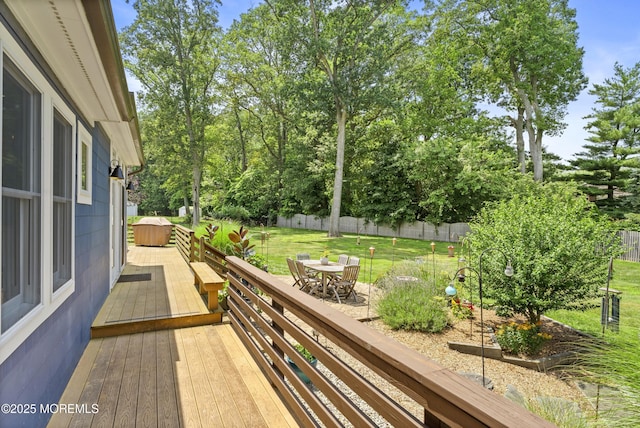 11 Sharon Dr, Ocean Twp, NJ 07712 - wooden deck with outdoor dining space, a fenced backyard, and view of wooded area