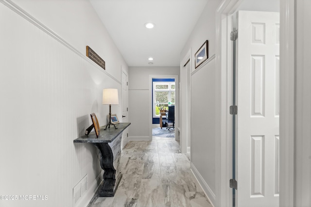 11 Sharon Dr, Ocean Twp, NJ 07712 - hallway with light marble finish floors, recessed lighting, and an office area