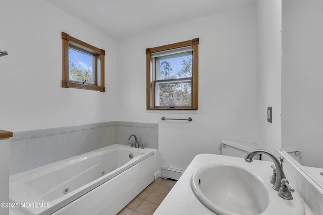 211 Meadow Blvd, Brick, NJ 08723 - full bath with plenty of natural light, a tub with jets, baseboard heating, and tile patterned flooring