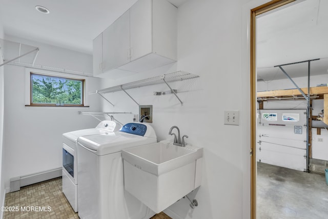 211 Meadow Blvd, Brick, NJ 08723 - laundry room with washing machine and dryer, a baseboard radiator, and cabinet space