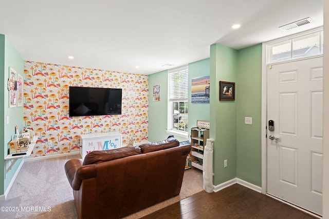 107 Celebration Blvd, Brick, NJ 08723 - living area with an accent wall, recessed lighting, wallpapered walls, and dark wood-style floors