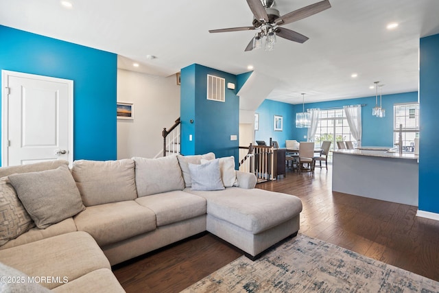 107 Celebration Blvd, Brick, NJ 08723 - living room featuring wood finished floors, ceiling fan, recessed lighting, and stairs