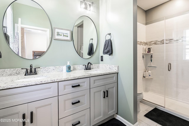 107 Celebration Blvd, Brick, NJ 08723 - bathroom with a stall shower, double vanity, and marble look tile flooring