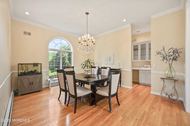 9 Old Cider Mill Rd, Manalapan, NJ 07726 - dining space with baseboard heating, light wood-style floors, a chandelier, ornamental molding, and recessed lighting