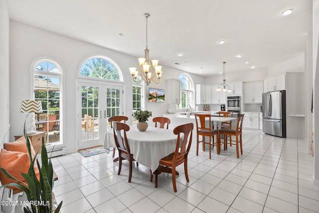 9 Old Cider Mill Rd, Manalapan, NJ 07726 - dining room featuring a chandelier, recessed lighting, light tile patterned floors, a baseboard radiator, and french doors