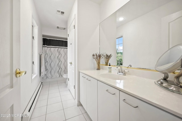 9 Old Cider Mill Rd, Manalapan, NJ 07726 - full bath featuring a baseboard heating unit, vanity, tile patterned flooring, and a shower with shower curtain