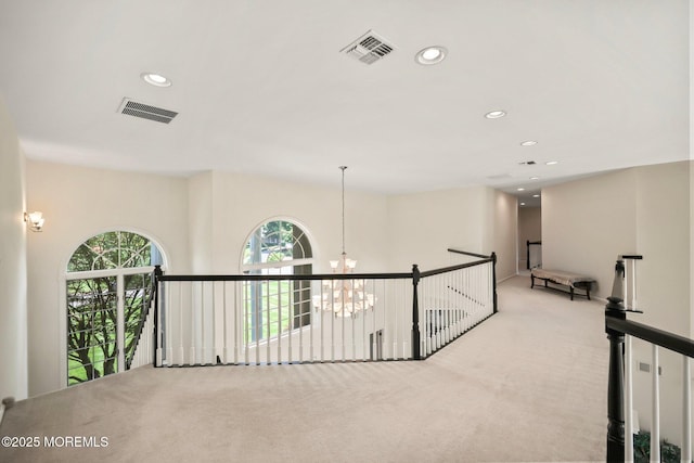 9 Old Cider Mill Rd, Manalapan, NJ 07726 - hallway featuring carpet floors, a chandelier, recessed lighting, and an upstairs landing