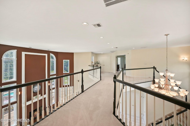 9 Old Cider Mill Rd, Manalapan, NJ 07726 - hallway featuring a chandelier, carpet floors, an upstairs landing, and recessed lighting