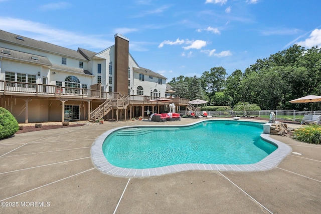 9 Old Cider Mill Rd, Manalapan, NJ 07726 - view of pool with stairway, a deck, and a patio area
