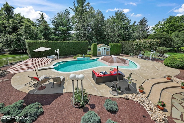 9 Old Cider Mill Rd, Manalapan, NJ 07726 - view of pool featuring a patio area, view of scattered trees, and an outbuilding