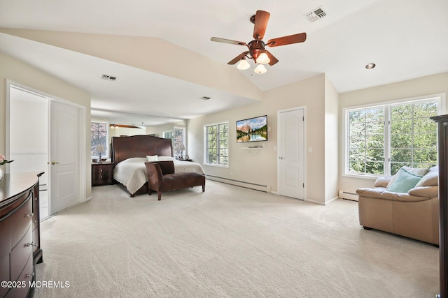 9 Old Cider Mill Rd, Manalapan, NJ 07726 - bedroom with baseboard heating, light colored carpet, vaulted ceiling, and a ceiling fan