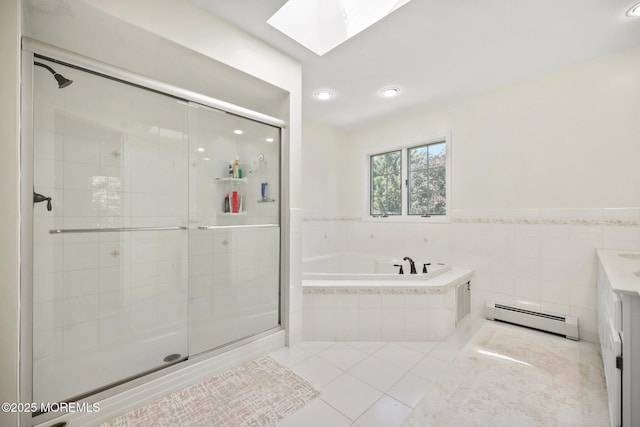 9 Old Cider Mill Rd, Manalapan, NJ 07726 - bathroom featuring baseboard heating, a skylight, a bath, tile patterned floors, and a shower stall