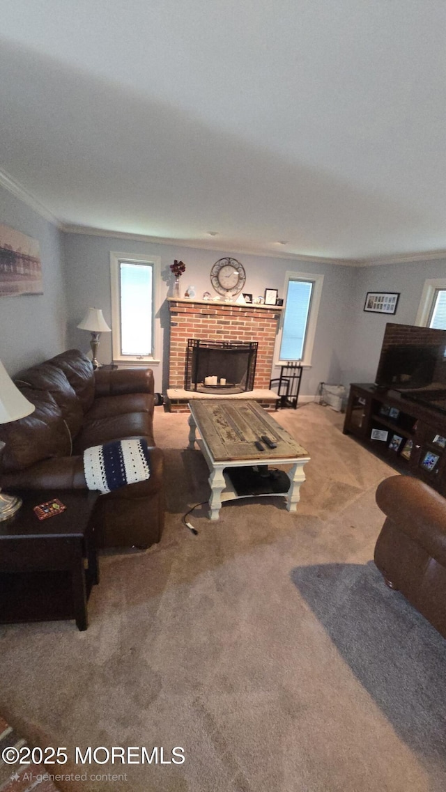 417 Carter Ave, Point Pleasant Beach, NJ 08742 - carpeted living area with ornamental molding and a fireplace