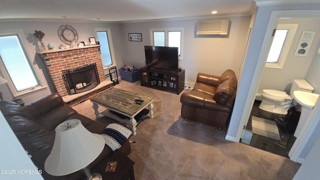 417 Carter Ave, Point Pleasant Beach, NJ 08742 - carpeted living room with a wall unit AC, crown molding, a fireplace, and recessed lighting