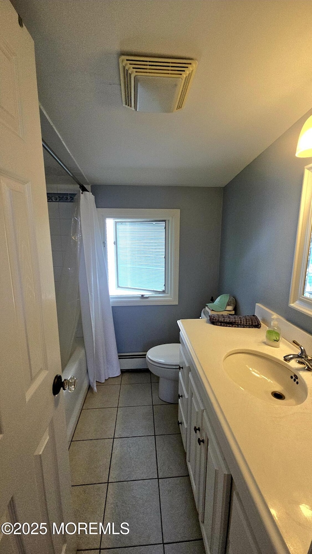 417 Carter Ave, Point Pleasant Beach, NJ 08742 - full bath featuring a baseboard heating unit, vanity, tile patterned flooring, and shower / bath combination with curtain