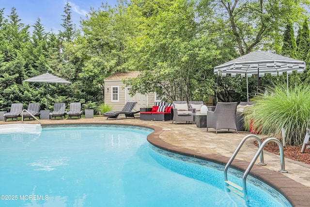 707 Cambridge Rd, Lanoka Harbor, NJ 08734 - outdoor pool featuring an outdoor structure, an outdoor hangout area, a patio area, and view of scattered trees