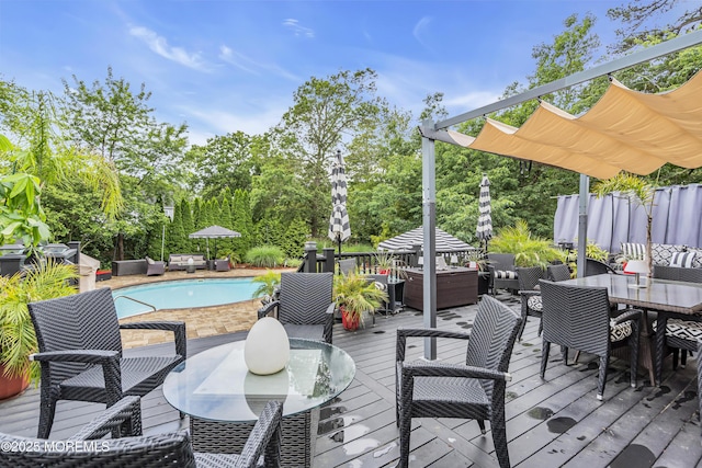 707 Cambridge Rd, Lanoka Harbor, NJ 08734 - wooden deck featuring outdoor dining space, a pergola, an outdoor pool, an outdoor hangout area, and view of wooded area