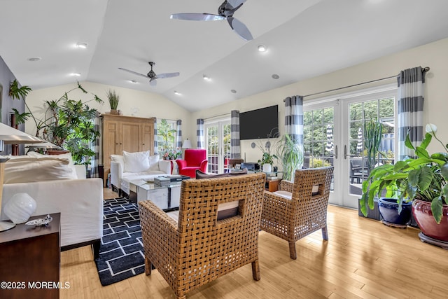 707 Cambridge Rd, Lanoka Harbor, NJ 08734 - living area with a ceiling fan, light wood-style flooring, vaulted ceiling, french doors, and recessed lighting