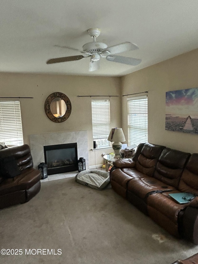 16 Aarons Way, Brick, NJ 08723 - living area featuring a tiled fireplace, carpet floors, and ceiling fan