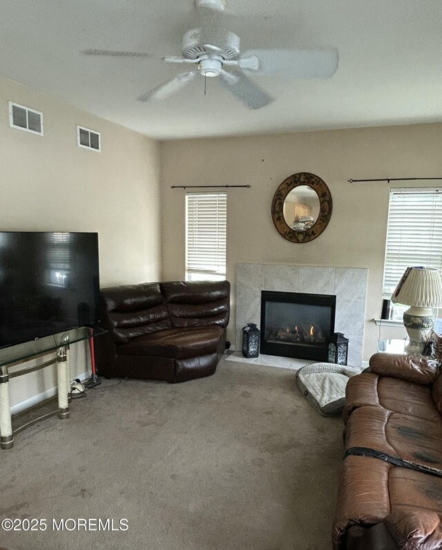 16 Aarons Way, Brick, NJ 08723 - living room featuring carpet, a fireplace, and a ceiling fan
