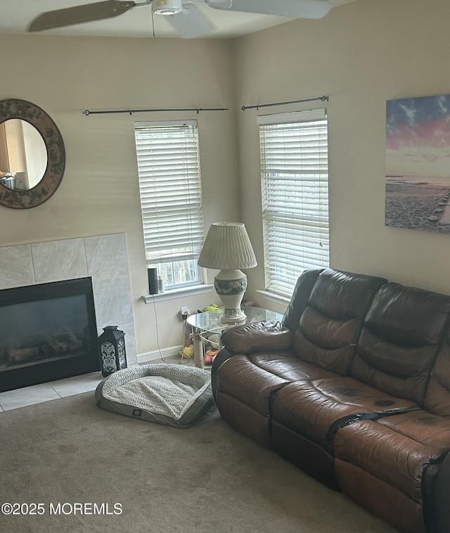 16 Aarons Way, Brick, NJ 08723 - living area featuring a ceiling fan, a fireplace, and carpet