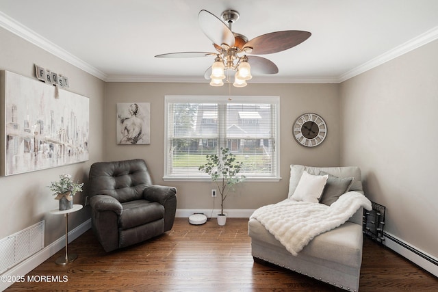 1020 Sarasota Dr, Forked River, NJ 08731 - sitting room featuring crown molding, wood finished floors, a baseboard heating unit, and ceiling fan