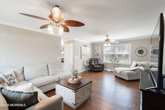 1020 Sarasota Dr, Forked River, NJ 08731 - living area featuring ceiling fan, dark wood-style floors, and ornamental molding