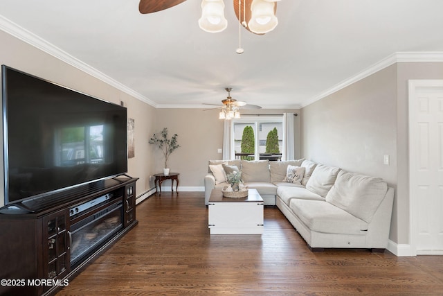 1020 Sarasota Dr, Forked River, NJ 08731 - living room featuring a ceiling fan, crown molding, and dark wood-style flooring