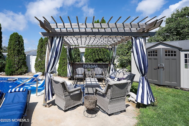 1020 Sarasota Dr, Forked River, NJ 08731 - view of patio / terrace featuring a storage shed, an outdoor hangout area, and a pergola