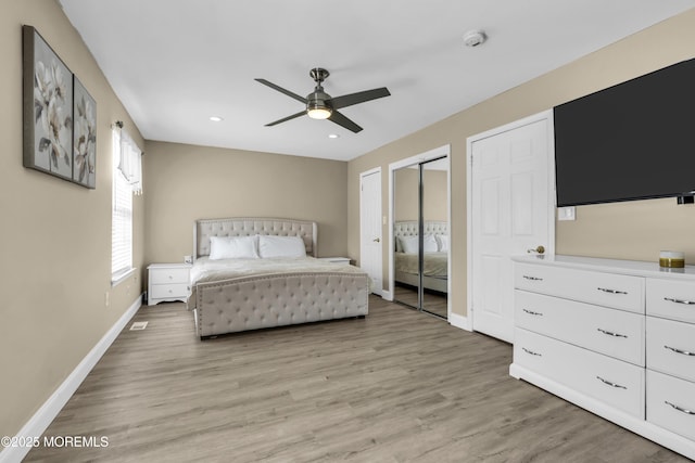 64 Scarlet Dr, Parlin, NJ 08859 - bedroom with light wood-style flooring, recessed lighting, multiple closets, and a ceiling fan
