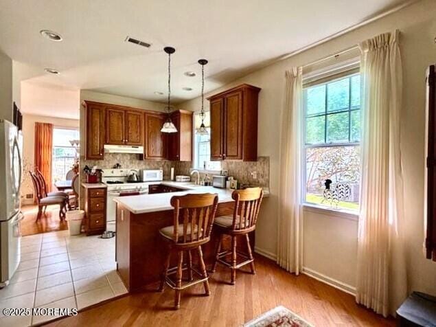 17 Marigold Ln, Little Egg Harbor, NJ 08087 - kitchen with white range, under cabinet range hood, freestanding refrigerator, a peninsula, and backsplash