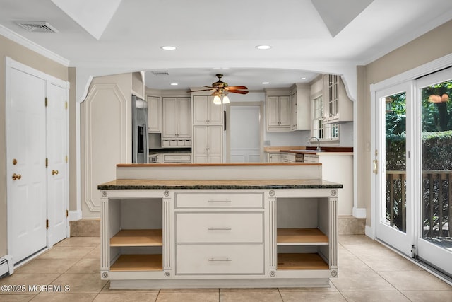 147 Montrose Rd, Colts Neck, NJ 07722 - kitchen with open shelves, light tile patterned floors, a ceiling fan, recessed lighting, and crown molding