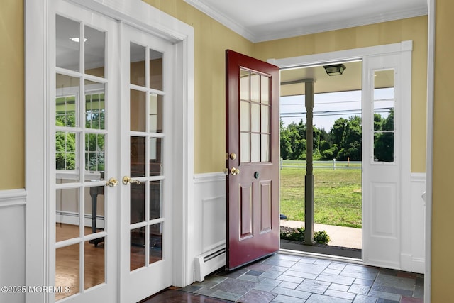 147 Montrose Rd, Colts Neck, NJ 07722 - doorway with baseboard heating, french doors, stone tile flooring, wainscoting, and ornamental molding