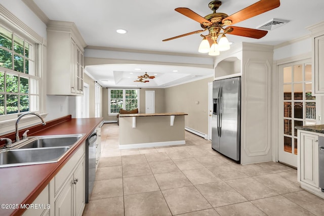 147 Montrose Rd, Colts Neck, NJ 07722 - kitchen with appliances with stainless steel finishes, dark countertops, ornamental molding, ceiling fan, and recessed lighting