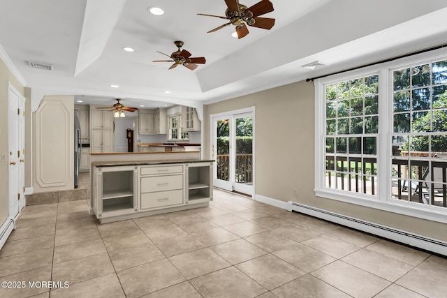 147 Montrose Rd, Colts Neck, NJ 07722 - kitchen with a baseboard heating unit, open shelves, plenty of natural light, a ceiling fan, and recessed lighting