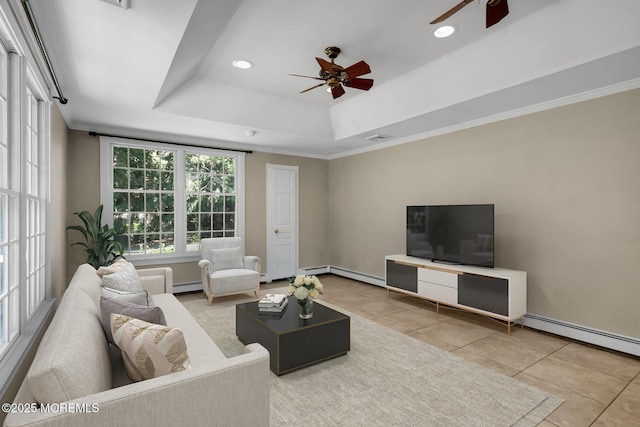 147 Montrose Rd, Colts Neck, NJ 07722 - tiled living area featuring a ceiling fan, a tray ceiling, a baseboard heating unit, ornamental molding, and recessed lighting