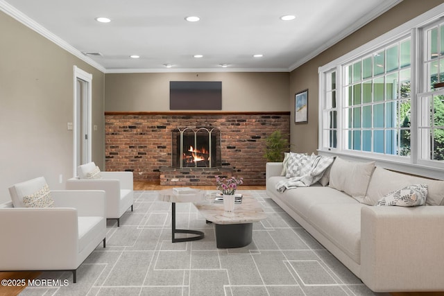 147 Montrose Rd, Colts Neck, NJ 07722 - living area with ornamental molding, recessed lighting, a fireplace, and brick wall