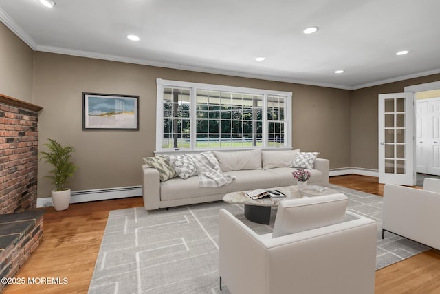 147 Montrose Rd, Colts Neck, NJ 07722 - living room with baseboard heating, crown molding, light wood-type flooring, and recessed lighting