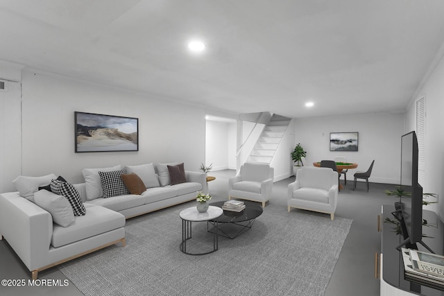 147 Montrose Rd, Colts Neck, NJ 07722 - living room featuring stairway, concrete flooring, and recessed lighting